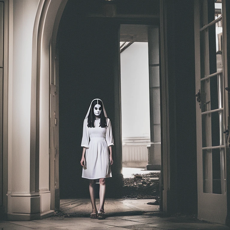 Ghostly woman dressed in white with a scary appearance at the end of the lonely and dark street there is a lamp that constantly turns on and off