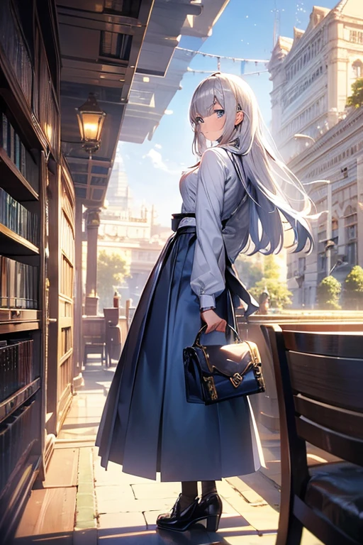The background is the library,Isometric image of a slender girl with silver hair and blue eyes, similar to Hoshino Rumi, looking back cunningly during a date,Full-body portrait