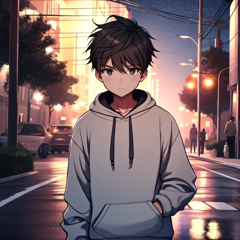 a boy, Wear a comfortable sweatshirt, drive, (:1.1), (1.1), (:1.2), , Street at night, (:1.1)