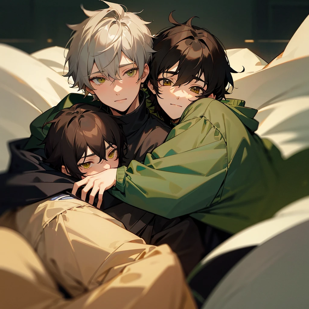 Soft boy with twenty years old,white shortcut cup hair,green sleepy eyes ,soft smile,sweatshirt anime style ,hugs another guy which twenty five year old ,black wolf hair,yellowish brown sharp eyes ,wears black jacket