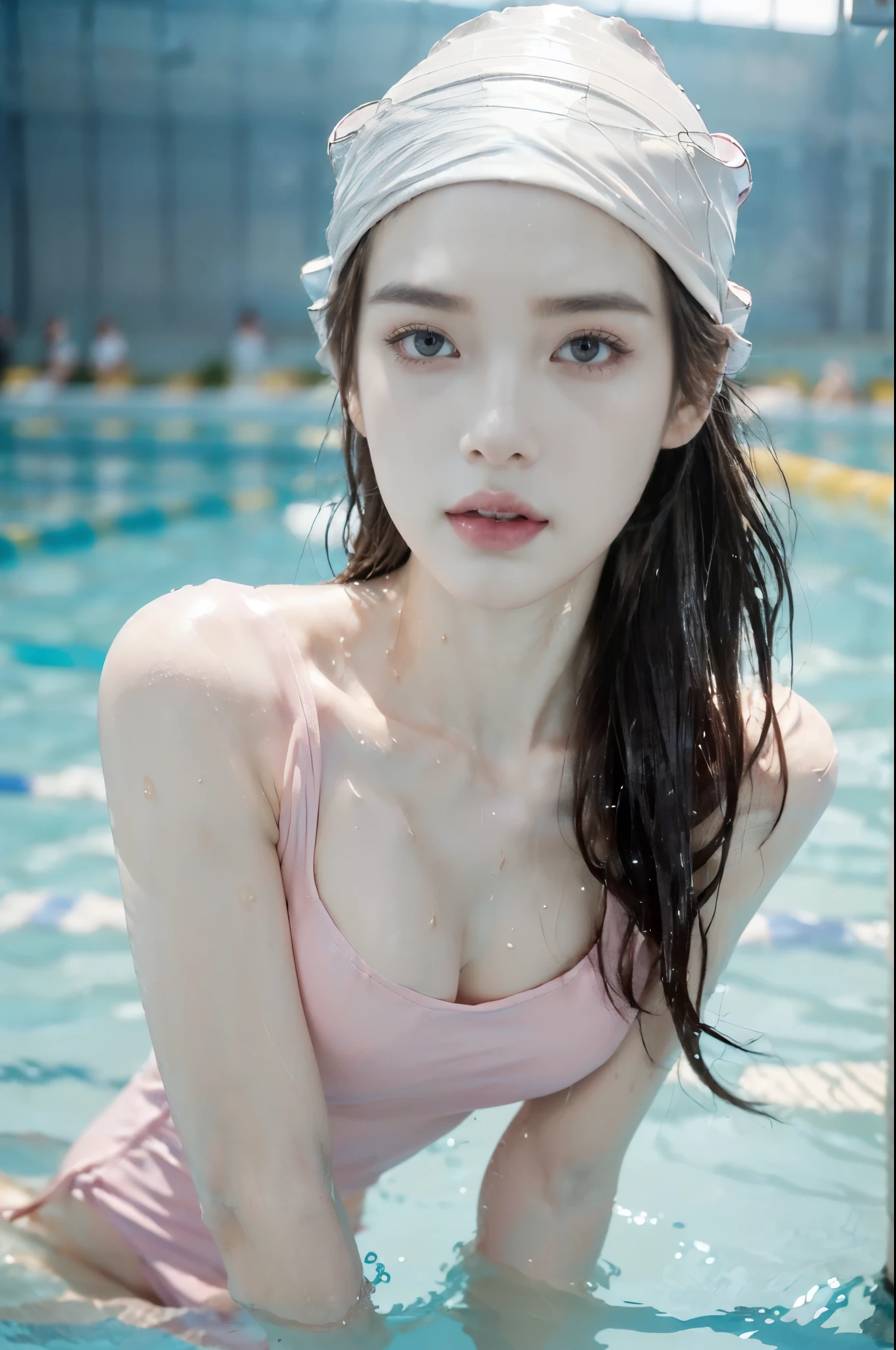 (Extremely meticulous CG),(((8k))),wallpaper,((Extremely refined and beautiful)),(((Masterpiece))),(((best qualtiy))),(((Ultra High Resolution))),beautiful light up,realistic shaded,(Smooth and flawless fair skin:1.5),(Extremely exquisite facial details:1.3),(ultra-detailed:1.5),((a beautiful girl,solo)),(swimming cap on head:1.5),(small head:1.2),(slender face:1.2),(Exquisite makeup:1.3),(wet:1.5),(sweat:1.5),(happy:1.2),(laughing:1.2),(perfect body:1.1),(pale skin:1.3),(shiny skin:1.5),((slim,thin)),(gigantic breasts:1.5),(towering chests:1.5),(pink one-piece swimsuit:1.5),(slender legs:1.2),(standing in the water:1.3),(Lower body in water:1.3),(At the swimming pool:1.3),(In the swimming pool:1.3),(clear water:1.3),(indoor:1.2),(Cyberpunk style:1.3),(detailed background:1.5),(upper body:1.3),(from front:1.3),(surrounded by crowded crowds:1.5)