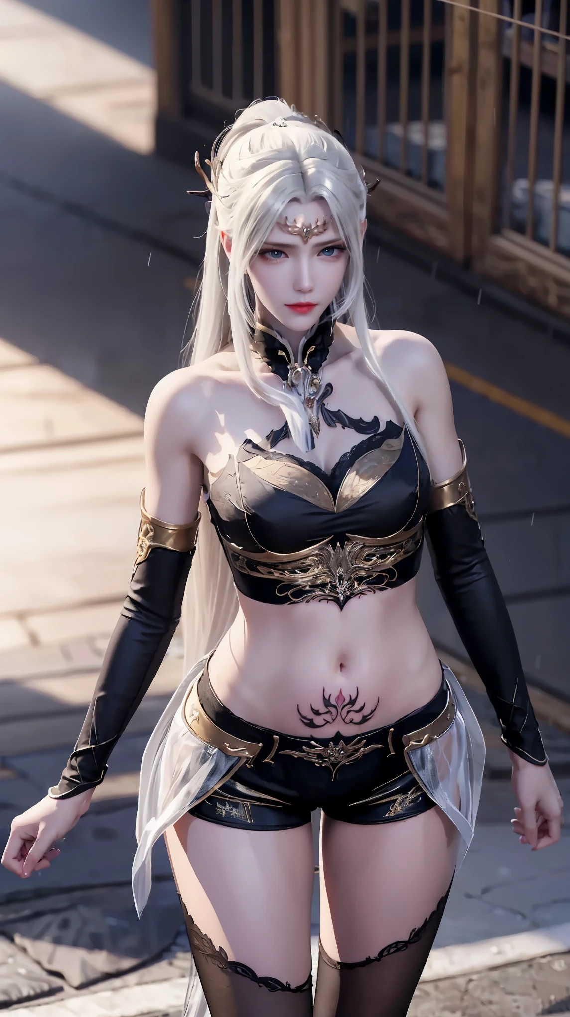 ((best quality, 8k, masterpiece:1.3)), important: 1.2, Perfect body beauty: 1.4, Hips: 1.2, ((Layered Hairstyle, Chest: 1.2)), (Wet clothes: 1.1), (rain, street:1.3), Tube Top Dress: 1.1, Highly detailed face and skin texture, Squinting, Double eyelids, whiten skin, Long hair, (shut up: 1.3), Smiling white-haired girl, High Ponytail发型, Sports Tops, Oversized bust, Succubus, (((Succubus tattoo on lower abdomen))), Transparent Super Skinny Low Rise Bow Pants, (((ultra-low waist))), Full body image, Sexy girl, Sexy, Happy laughter, Shy, (((Showing belly))), Express, There is a heart in the eyes, (Detailed drawing of eyes), Sexy Long legs, Thin waist, Sweat is running down my waist, (Showing belly), ((Succubus tattoo extreme detail portrayal))), , Front squat, Dark lock method, Asymmetrical bangs, Transparent clothes, Hands on thighs, Look away, 8k resolution, Missed ionary, Raise an eyebrow, Shiny hair, Flower head, Wristband, White hair bandage、Close-up of 错过 wearing white mask, Beautiful character painting, guweiz, Gurwitz-style artwork, White-haired god, author:Yang Jie, Epic and beautiful character art, Stunning character art, author:Fan Qi, by Wuzhun Shifan, pixiv art station street guweiz, Single ponytail, insult, High Ponytail, Tall and big, Long legs, (Sleeveless lace shirt), (shorts), (Striped )), ((Striped )), Walk,