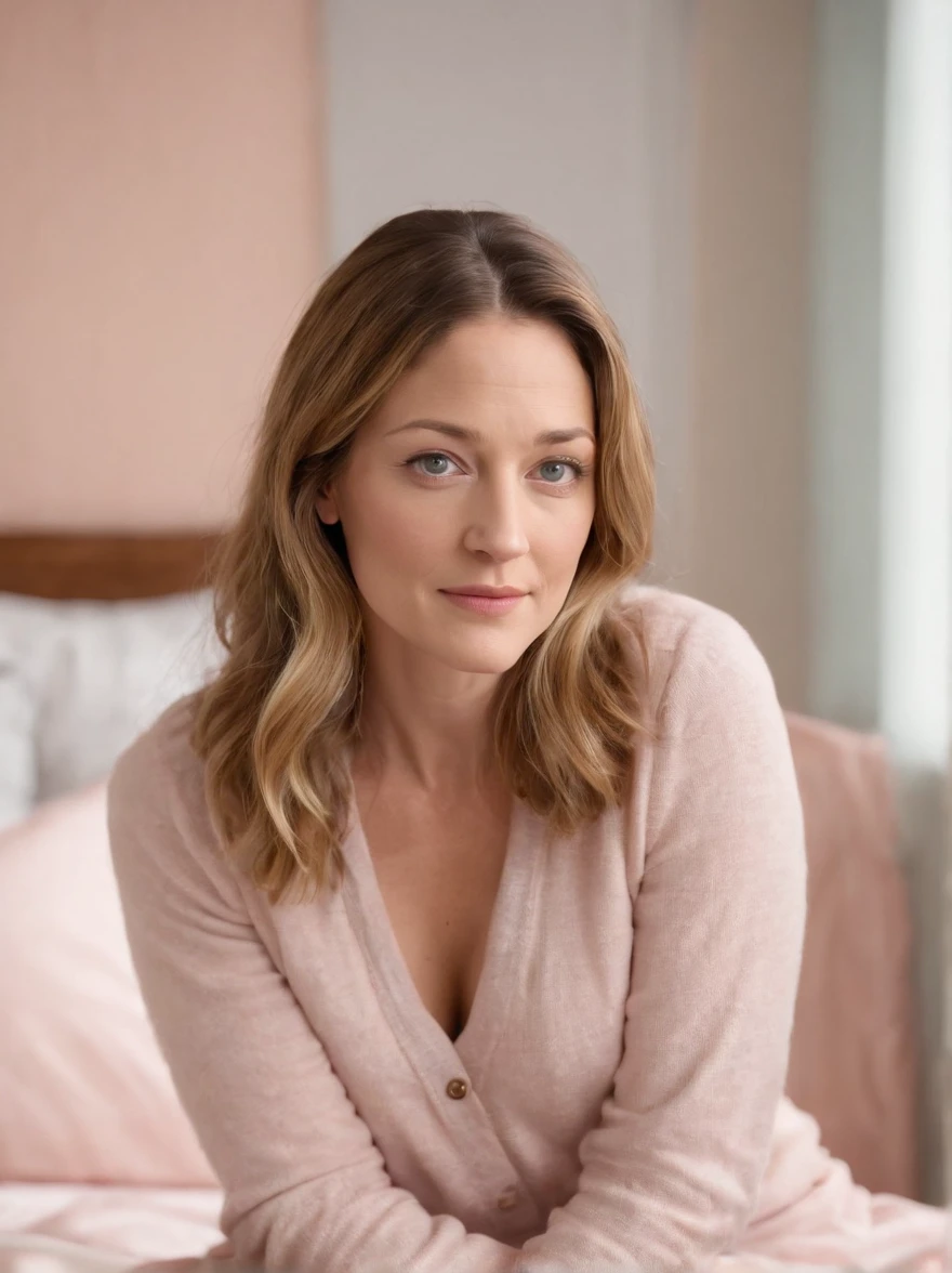 36 yo Zoe Perry as a gentle and tender MILF sits on the edge of her bed in her cozy pastel colored bed room, ultra sharp focus,