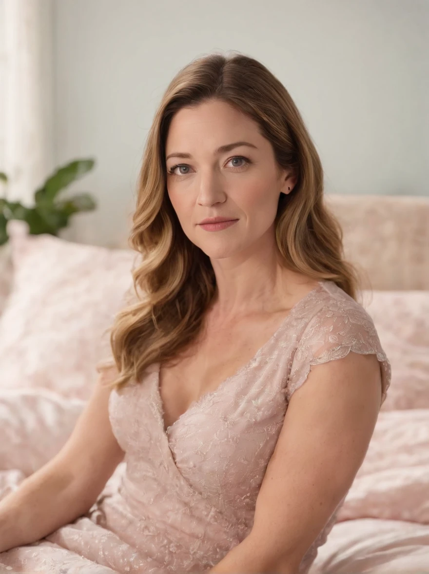 36 yo Zoe Perry as a gentle and tender MILF sits on the edge of her bed in her cozy pastel colored bed room, ultra sharp focus,