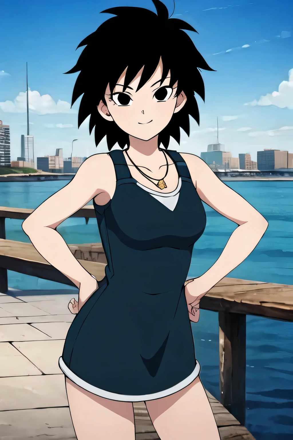 gine, 1girl, sunlight, solo, breasts, closed, blue sky, black hair, black eyes, city, bare shoulders, collarbone, cowboy shot, short hair, floating hair, looking at viewer, smile, looking at viewer, spiked hair, little black dress, blue necklace, pier, docks, hands on hips, standing up