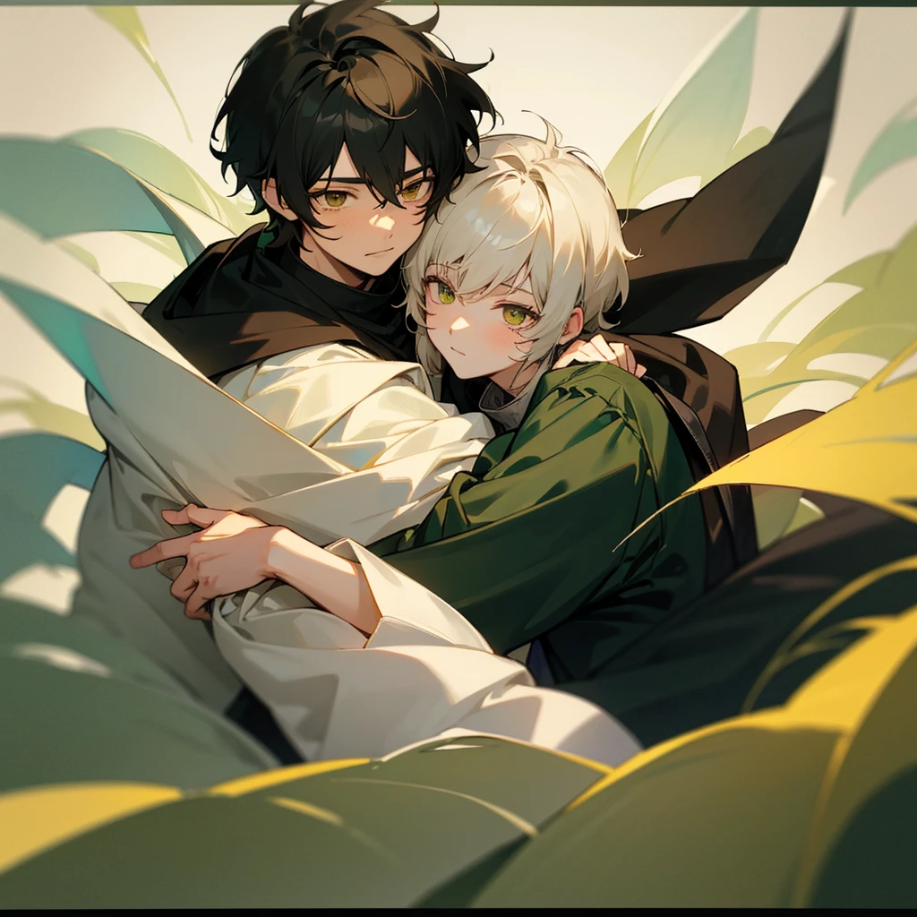 Soft boy with twenty years old,white shortcut hair,green sleepy eyes ,soft smile,sweatshirt anime style ,hugs another guy which twenty five year old ,black wolf hair,yellowish brown sharp eyes ,wears black jacket
