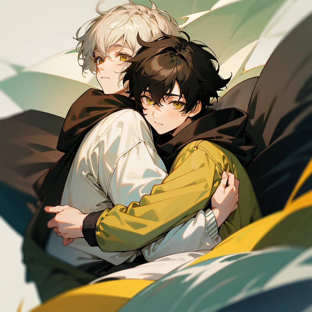 Soft boy with twenty years old,white shortcut hair,green sleepy eyes ,soft smile,sweatshirt anime style ,hugs another guy which twenty five year old ,black wolf hair,yellowish brown sharp eyes ,wears black jacket