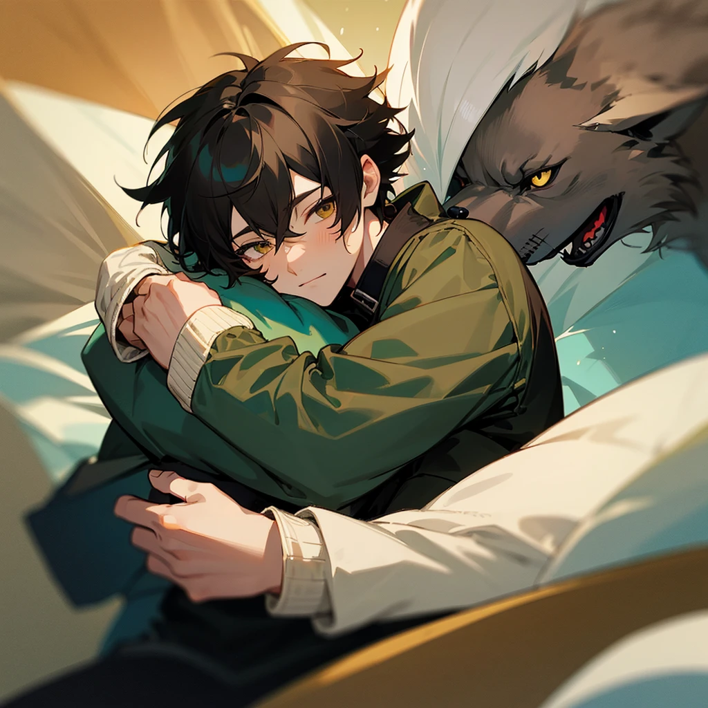 Soft boy with twenty years old,white shortcut hair,green sleepy eyes ,soft smile,sweatshirt anime style ,hugs another guy which twenty five year old ,black wolf hair,yellowish brown sharp eyes ,wears black jacket