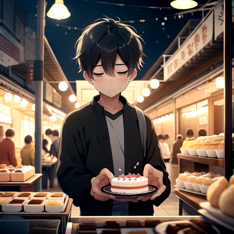 a boy, 穿上舒适的卫衣在Cake Shop, Upper Body, (sigh:1.1), (:1.1), (:1.2), Cake Shop, , Depth of Field, , , night,