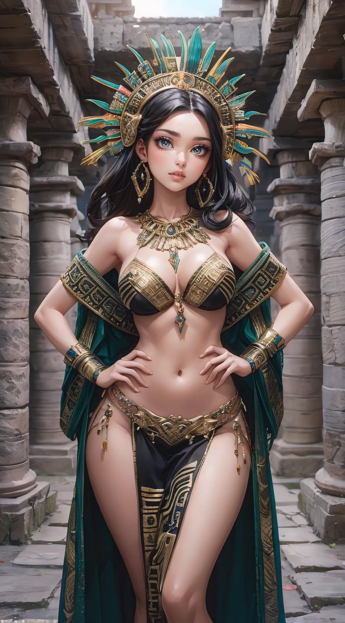 A stunning 3D render illustration of a captivating anime woman, dressed in an alluring Aztec-inspired outfit. The voluptuous and slender woman sports a revealing ensemble adorned with intricate gold jewellery, highlighting her busty figure. Her eyes are big and gorgeous, framed by long, dark lashes, and she wears a soft, enchanting smile. She stands in the heart of an ancient Aztec temple, with stone walls and columns surrounding her. The overall design is a perfect blend of realism and anime, showcasing the top artist's skill in blending fashion and fantasy elements., illustration, fashion, anime, 3d render