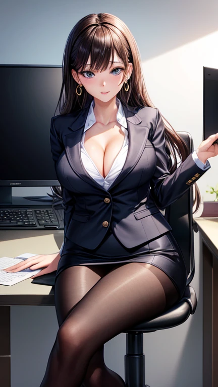 (masterpiece), ((highest quality)), (masterpiece,highest quality,Official Art,Highly detailed CG Unity 8k wallpaper), (The most noble and beautiful), (高学歴のwoman),Beauty Photography, woman，alone,(An elegant, upper-class, super elite secretary in a business shirt),Perfect look，double eyelidの目，Delicate makeup， Working in the office,厳格なbusiness suitを着用する, (Wear pantyhose),Wear high-end heels,Girl in a shirt, Wearing a suit, Huge ,Full Body Lesbian,Wearing a suit, Wearing a suit, merchant, Business Attire, 黒いWearing a suit, Wear a shirt and skirt, スーツを着たwoman, business suit，Computer chair，sit down，Erlang Leg，High heels，Displaying the viewer，Bright，Intricate details，Feet Focus,From below,Cool Beauty,(Tall Girl),Dark brown hair, Small earrings,Accurately expresses the fine details of the face and skin texture,(The most beautiful face and eyes), double eyelid,Delicate skin,Slim figure,alone,Small breasts,(She wears the most beautiful and noble little earrings),Camel Toe、Giant tit、Nipple Puffs、Cleavage、Plump、Super big breasts、Super big butt