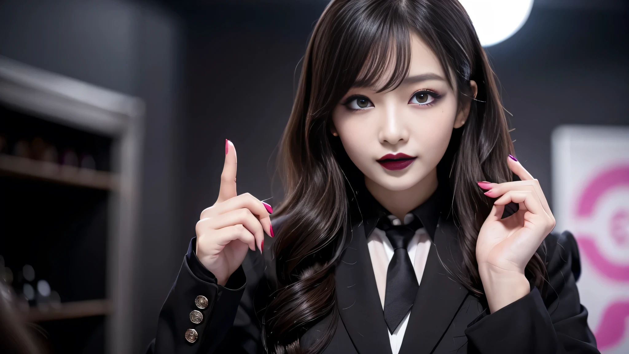 best quality、ultra-detailed、4k、Japanese、Seductive beauty、seductive adult woman、Pretty Woman、cool girl、Villainess、Brainwashed、brainwash、Fallen into evil、smirk、Evil look、Wicked Smile、evil、Brown hair、wavy hair、swept bangs、dark makeup、dark makeup、piercing eyes、hollow eyes,half-closed eyes、Hollow Eyes、purple Eyeshadow、black lipstick、black lipglos、student、uniform、Black blazer、White Shirt、Black Ribbon、flare skirt、night、inside school、Have lipstick、Emblem of Evil、Crest of Darkness、Swear allegiance、I have pledged my allegiance、Dye black、Blackening、Stained with evil、Dyed in darkness、Seduce