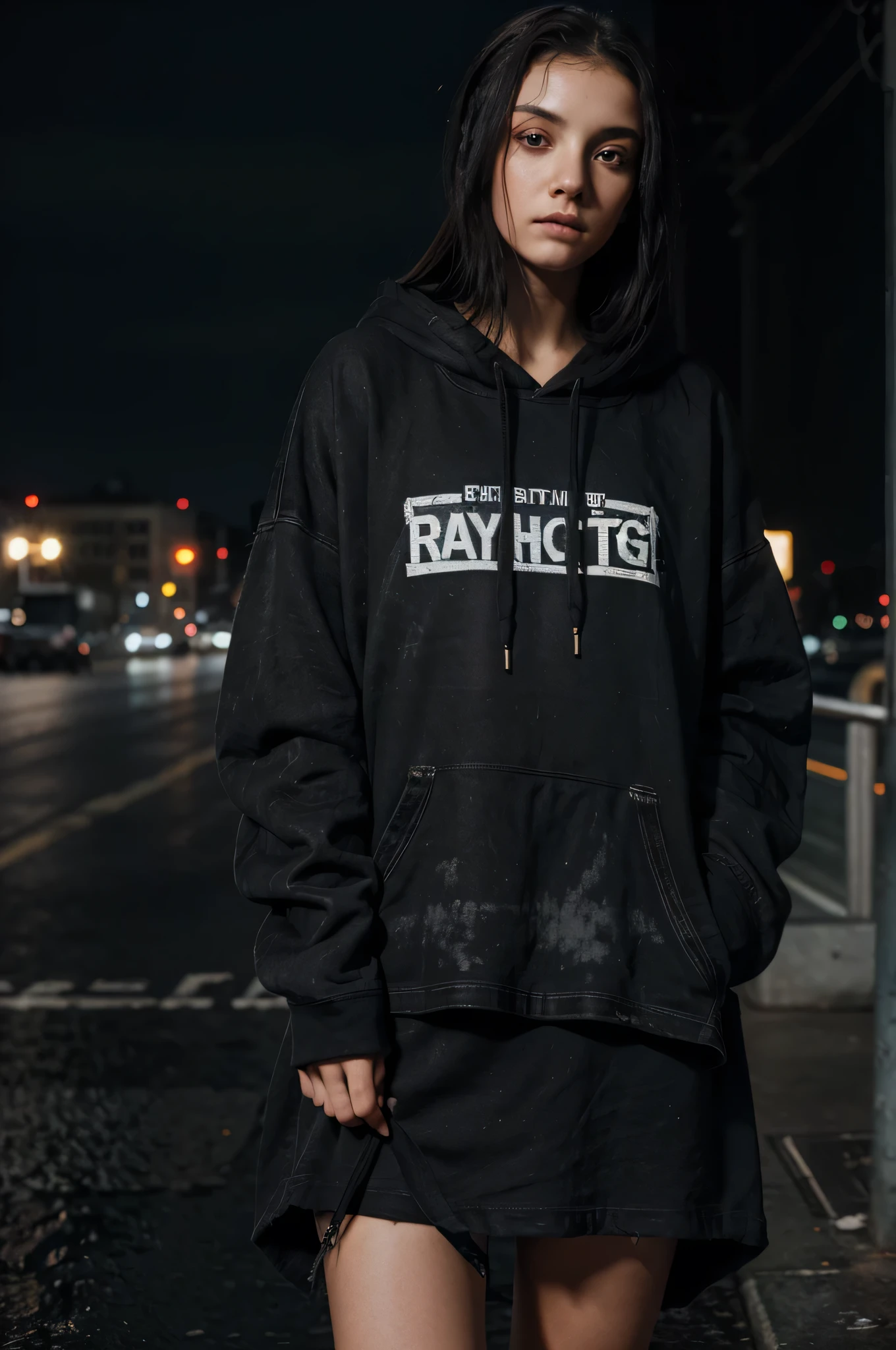 create mock ups for faded black washed hoodie, retro baggy, teen look, goth girl, with a dark theme, with beautiful female, loose fit, baggy, pretty eyes, absolutely no logos on clothing and no lettering on clothing, fully blank, city night life in background, rain