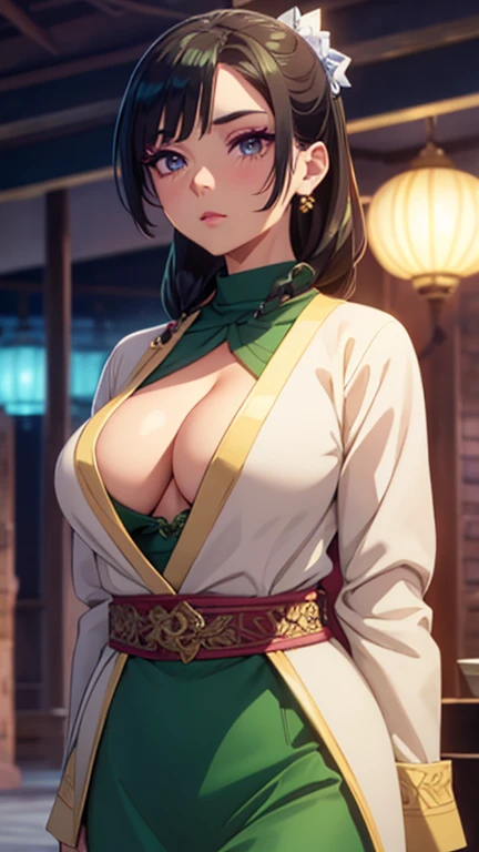 , Woman 1, ((whole body)), Stylish Gold Turtleneck Shirt,((Eyeshadow, blush, Green makeup on the eyelids, Long eyelashes)),plump big breasts、(((Cleavage))))Miniskirt public place background,Highly detailed CG, unit, 8k wallpaper, best quality, high resolution, Beautiful Lights, Realistic shadows,facial detail height,Detailed eye height,hair detail height