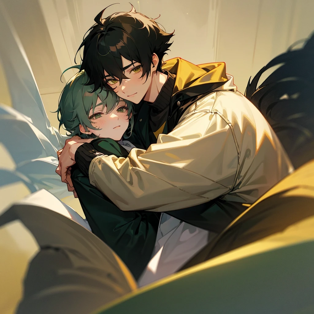 Soft boy with twenty years old,white shortcut hair,green sleepy eyes ,soft smile,sweatshirt anime style ,hugs another guy which twenty five year old ,black wolf hair,yellowish brown sharp eyes ,wears black jacket
