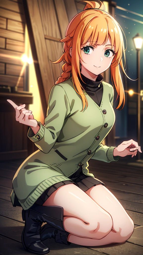 short braided hair,ponytail, orange hair, (green eyes:1.5), smile,Yellow muffler,Pink long coat there is space in front,white sweater,black long skirt,black pantyhose,short boots,Asahi,campus life、Break outdoors on the way to school, University buildings,
break looking at viewer,
break (masterpiece:1.2), highest quality, High resolution, unity 8k wallpaper, (shape:0.8), (fine and beautiful eyes:1.6), highly detailed face, perfect lighting, Very detailed CG, (perfect hands, perfect anatomy),