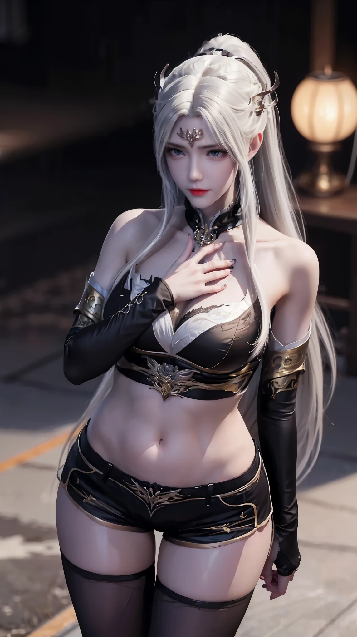 ((best quality, 8k, masterpiece:1.3)), important: 1.2, Perfect body beauty: 1.4, Hips: 1.2, ((Layered Hairstyle, Chest: 1.2)), (Wet clothes: 1.1), (rain, street:1.3), Tube Top Dress: 1.1, Highly detailed face and skin texture, Squinting, Double eyelids, whiten skin, Long hair, (shut up: 1.3), Smiling white-haired girl, High Ponytail发型, Sports Tops, Oversized bust, Succubus, (((Succubus tattoo on lower abdomen))), Transparent Super Skinny Low Rise Bow Pants, (((ultra-low waist))), Full body image, Sexy girl, Sexy, Happy laughter, Shy, (((Showing belly))), Express, There is a heart in the eyes, (Detailed drawing of eyes), Sexy Long legs, Thin waist, Sweat is running down my waist, (Showing belly), ((Succubus tattoo extreme detail portrayal))), , Front squat, Dark lock method, Asymmetrical bangs, Transparent clothes, Hands on thighs, Look away, 8k resolution, Missed ionary, Raise an eyebrow, Shiny hair, Flower head, Wristband, White hair bandage、Close-up of 错过 wearing white mask, Beautiful character painting, guweiz, Gurwitz-style artwork, White-haired god, author:Yang Jie, Epic and beautiful character art, Stunning character art, author:Fan Qi, by Wuzhun Shifan, pixiv art station street guweiz, Single ponytail, insult, High Ponytail, Tall and big, Long legs, (Sleeveless lace shirt), (shorts), (Striped )), ((Striped )), Walk,