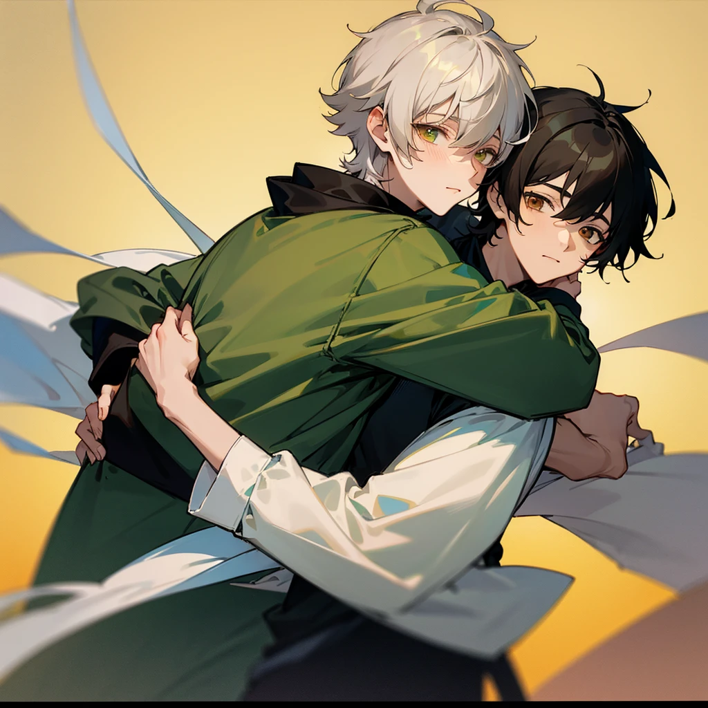 Soft boy with twenty years old,white shortcut hair,green sleepy eyes ,soft smile,sweatshirt anime style ,hugs another guy which twenty five year old ,black wolf hair,yellowish brown sharp eyes ,wears black jacket