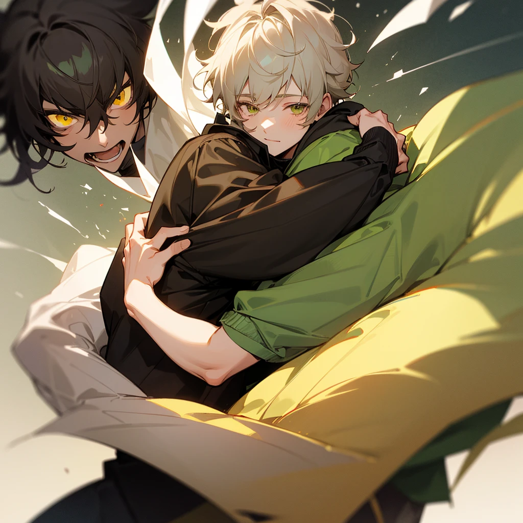 Soft boy with twenty years old,white shortcut hair,green sleepy eyes ,soft smile,sweatshirt anime style ,hugs another guy which twenty five year old ,black wolf hair,yellowish brown sharp eyes ,wears black jacket