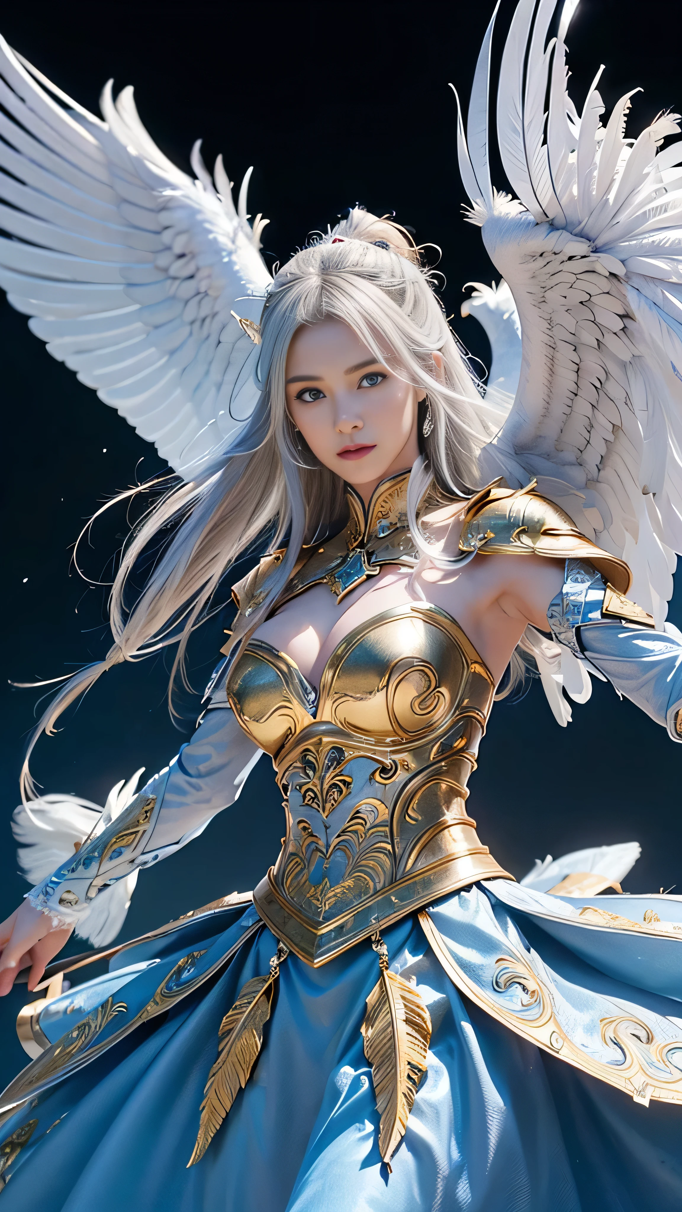 (Highly detailed and intricately designed armor、Shiny gold and silver accents、Perfectly defined muscle tone、Long flowing white hair、Strong jawline、Piercing blue eyes、Wide-spread wings、A total of seven wings、Each wing is adorned with intricate feather detailing and sparkling jewels.、With a shield in one hand、With a sword in the other hand、Ready for battle、Shining Aura、masterpiece、 8k resolution、highest quality、Dynamic Angle、Cinematic lighting、Ready to defend heaven。