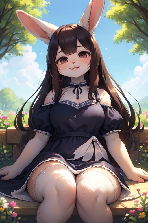 hairy Holland Lop mom , (glimpse realistic hairy rabbit legs:1.3) , round face , (tilt face:1.1) , (half-open eyes:1.2) , moist round eyes , Swollen cheeks , dark color hair , long hair , euphoria smile , glossy lips , size out light color gothic summer dress , in the world of Alice in Wonderland , Hair fluttering in the wind , elegant pose , dynamic angle , sit
