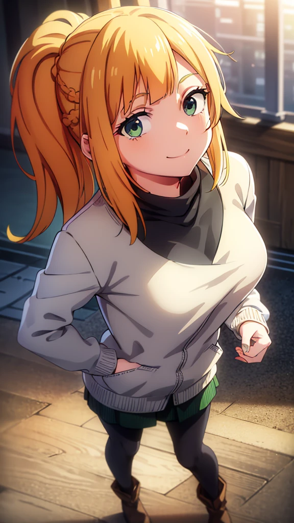 short braided hair,ponytail, orange hair, (green eyes:1.5), smile,Yellow muffler,Pink long coat there is space in front,white sweater,black long skirt,black pantyhose,short boots,Asahi,campus life、Break outdoors on the way to school, University buildings,
break looking at viewer,
break (masterpiece:1.2), highest quality, High resolution, unity 8k wallpaper, (shape:0.8), (fine and beautiful eyes:1.6), highly detailed face, perfect lighting, Very detailed CG, (perfect hands, perfect anatomy),