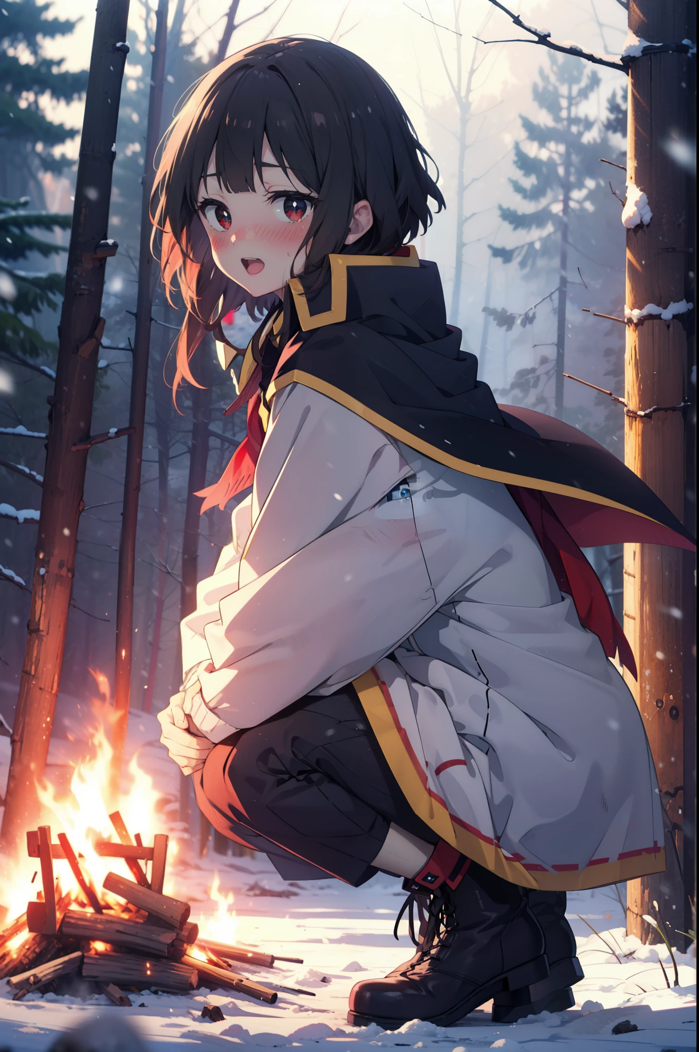 konosubaMegumin, Megumin, short hair, Black Hair, (Red eyes:1.3), short hair with long locks,happy smile,blush,White Breath,
Open your mouth,snow,A bonfire on the ground, Outdoor, boots, snowing, From the side, wood, suitcase, Cape, Blurred, Increase your meals, forest, White handbag, nature, Squat, Mouth closed, フードed Cape, winter, Written boundary depth, Black shoes, red Cape break looking at viewer, Upper Body, whole body, break Outdoor, forest, nature, break (masterpiece:1.2), highest quality, High resolution, unity 8k wallpaper, (shape:0.8), (Beautiful and beautiful eyes:1.6), Highly detailed face, Perfect lighting, Highly detailed CG, (Perfect hands, Perfect Anatomy),