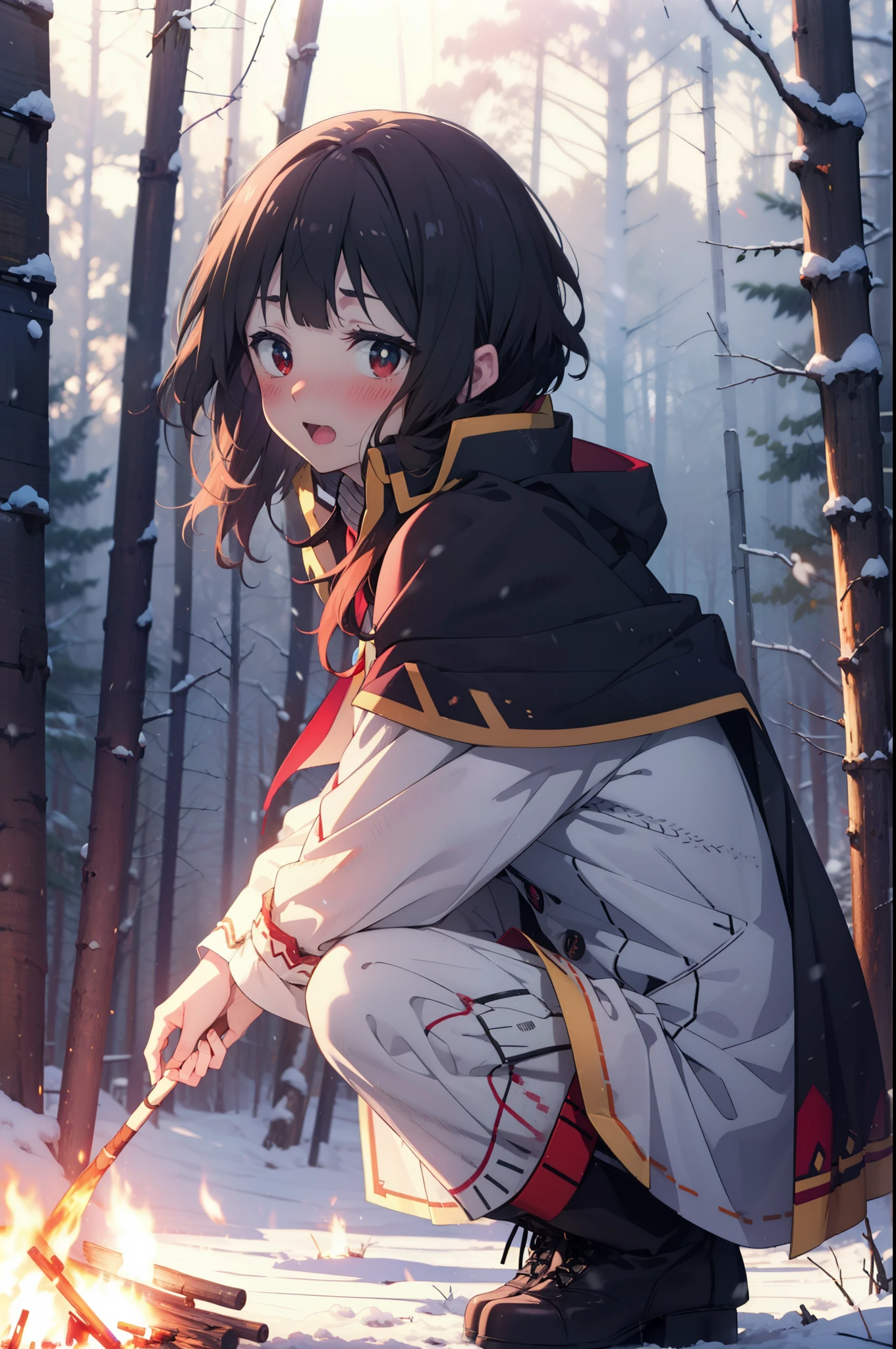 konosubaMegumin, Megumin, short hair, Black Hair, (Red eyes:1.3), short hair with long locks,happy smile,blush,White Breath,
Open your mouth,snow,A bonfire on the ground, Outdoor, boots, snowing, From the side, wood, suitcase, Cape, Blurred, Increase your meals, forest, White handbag, nature,  Squat, Mouth closed, フードed Cape, winter, Written boundary depth, Black shoes, red Cape break looking at viewer, Upper Body, whole body, break Outdoor, forest, nature, break (masterpiece:1.2), highest quality, High resolution, unity 8k wallpaper, (shape:0.8), (Beautiful and beautiful eyes:1.6), Highly detailed face, Perfect lighting, Highly detailed CG, (Perfect hands, Perfect Anatomy),