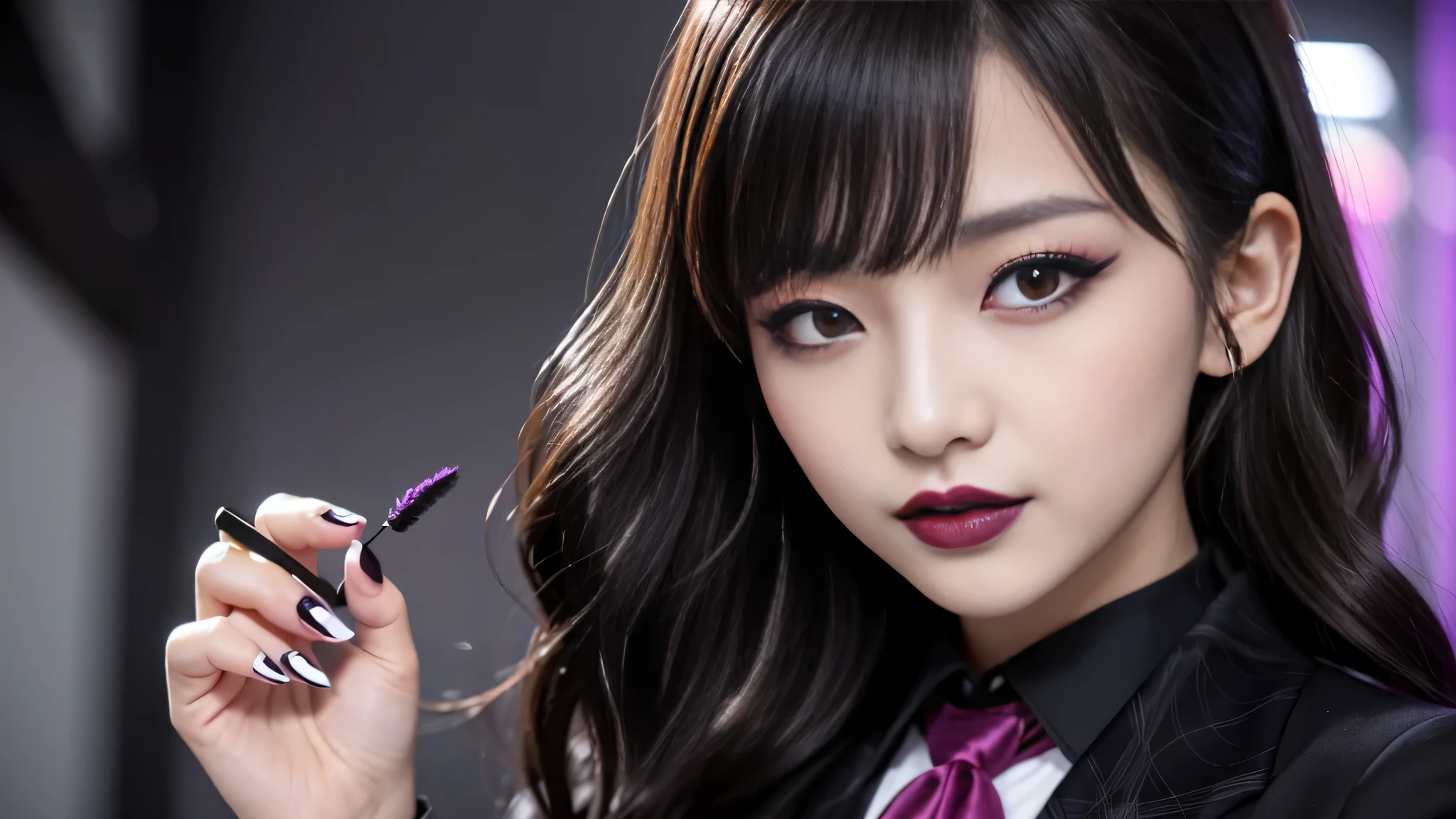 best quality、ultra-detailed、4k、Japanese、Seductive beauty、seductive adult woman、Pretty Woman、cool girl、Villainess、Brainwashed、brainwash、Fallen into evil、smirk、Evil look、Wicked Smile、evil、Brown hair、wavy hair、swept bangs、dark makeup、dark makeup、piercing eyes、hollow eyes,half-closed eyes、Hollow Eyes、purple Eyeshadow、black lipstick、black lipglos、student、uniform、Black blazer、White Shirt、Black Ribbon、flare skirt、night、inside school、Have lipstick、Emblem of Evil、Crest of Darkness、Swear allegiance、I have pledged my allegiance、Dye black、Blackening、Stained with evil、Dyed in darkness、Seduce