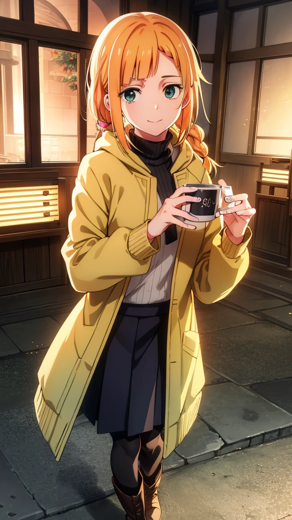 short braided hair,ponytail, orange hair, (green eyes:1.5), smile,Yellow muffler,Pink long coat there is space in front,white sweater,black long skirt,black pantyhose,short boots,Asahi,campus life、Break outdoors on the way to school, University buildings,
break looking at viewer,
break (masterpiece:1.2), highest quality, High resolution, unity 8k wallpaper, (shape:0.8), (fine and beautiful eyes:1.6), highly detailed face, perfect lighting, Very detailed CG, (perfect hands, perfect anatomy),