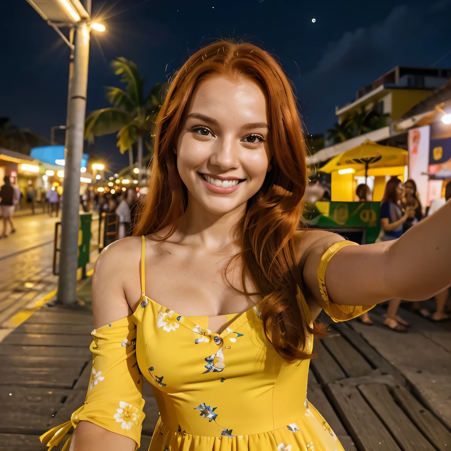 A radiant smile lights up the face of the AI influencer with long red hair, Ultra high definition images of our AI digital influencer smiling in a yellow floral dress taking a selfie on the boardwalk of the nebron beach at night in Rio de Janeiro, Brazil