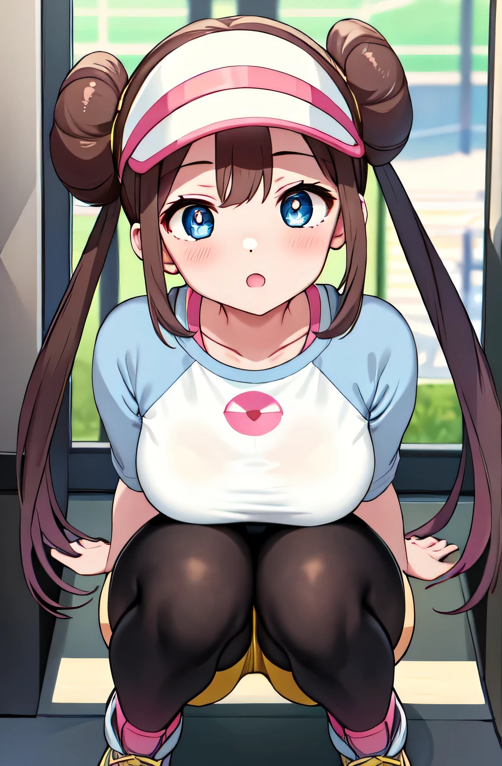 nsfw, nsfw, masterpiece, highest quality, High resolution, RO1, Hair Bun, blue eyes, Twin tails, Visor Cap, pantyhose, Raglan sleeves, Yellow shorts, shirt, Pink ribbon, clock, Leaning forward, Gym, squat, 30 denier soft touch comfortable tights, See-through, squat, Leg spread, Thighs, Attractive thighs,