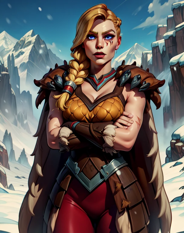 Tyra,blond hair,braid,red check tattoo,blue eyes,smug,solo,mug,
armor,boots,brown footwear,gloves,cape,bare shoulders,fur trim,shoulder armor,
upper body,standing,s,
fantasy,snow mountain,crossed arms,
(insanely detailed, beautiful detailed face, masterpiece, beautiful detailed eyes, best quality),