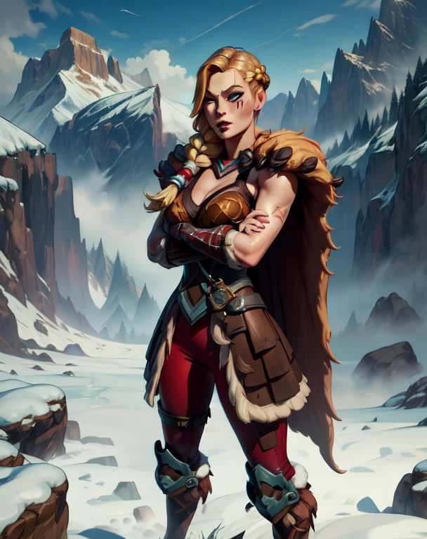 Tyra,blond hair,braid,red check tattoo,blue eyes,smug,solo,mug,
armor,boots,brown footwear,gloves,cape,bare shoulders,fur trim,shoulder armor,
upper body,standing,s,
fantasy,snow mountain,crossed arms,
(insanely detailed, beautiful detailed face, masterpiece, beautiful detailed eyes, best quality),