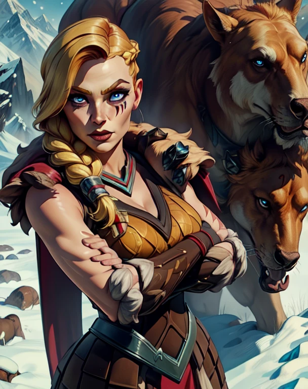 Tyra,blond hair,braid,red check tattoo,blue eyes,smug,solo,mug,
armor,boots,brown footwear,gloves,cape,bare shoulders,fur trim,shoulder armor,
upper body,standing,s,
fantasy,snow mountain,crossed arms,
(insanely detailed, beautiful detailed face, masterpiece, beautiful detailed eyes, best quality),