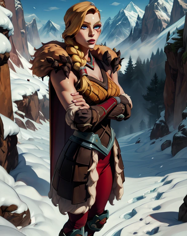 Tyra,blond hair,braid,red check tattoo,blue eyes,smug,solo,mug,
armor,boots,brown footwear,gloves,cape,bare shoulders,fur trim,shoulder armor,
upper body,standing,s,
fantasy,snow mountain,crossed arms,
(insanely detailed, beautiful detailed face, masterpiece, beautiful detailed eyes, best quality),