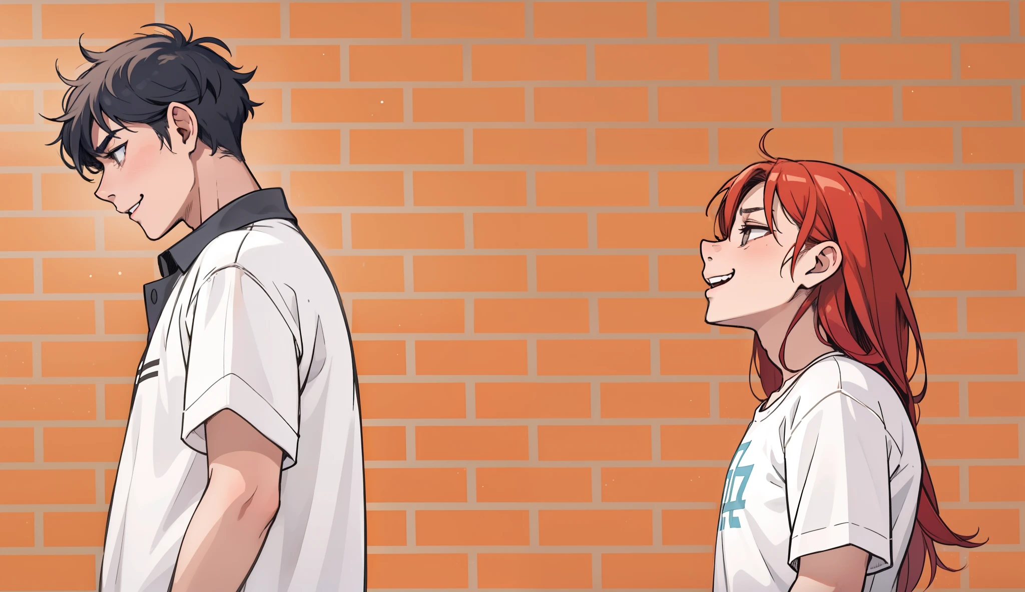 esta triste pensativo desconcertado estilo comic anime 2d, cute boy 17 years old thoughtful look distracted gray eyes gray hair they have a white shirt the girl is laughing with evil malice