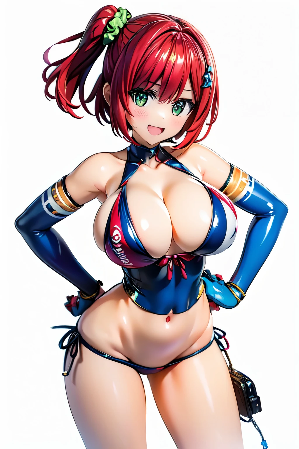 best quality, masterpiece, extremely detailed CG, official art , professional lighting, detailed background, sakimiyairuka, red hair, green eyes,(one side up), medium hair, side ponytail, green scrunchie, hair ornament, gleaming skin, smile, big breasts, big ass, micro bikini, (legs spread, hand on hip), collar, beach,