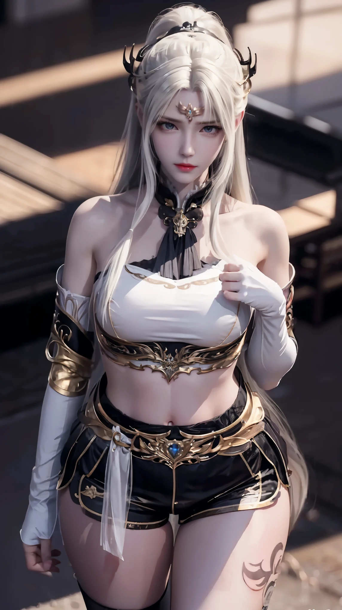 ((best quality, 8k, masterpiece:1.3)), important: 1.2, Perfect body beauty: 1.4, Hips: 1.2, ((Layered Hairstyle, Chest: 1.2)), (Wet clothes: 1.1), (rain, street:1.3), Tube Top Dress: 1.1, Highly detailed face and skin texture, Squinting, Double eyelids, whiten skin, Long hair, (shut up: 1.3), Smiling white-haired girl, High Ponytail发型, Sports Tops, Oversized bust, Succubus, (((Succubus tattoo on lower abdomen))), Transparent Super Skinny Low Rise Bow Pants, (((ultra-low waist))), Full body image, Sexy girl, Sexy, Happy laughter, Shy, (((Showing belly))), Express, There is a heart in the eyes, (Detailed drawing of eyes), Sexy Long legs, Thin waist, Sweat is running down my waist, (Showing belly), ((Succubus tattoo extreme detail portrayal))), , Front squat, Dark lock method, Asymmetrical bangs, Transparent clothes, Hands on thighs, Look away, 8k resolution, Missed ionary, Raise an eyebrow, Shiny hair, Flower head, Wristband, White hair bandage、Close-up of 错过 wearing white mask, Beautiful character painting, guweiz, Gurwitz-style artwork, White-haired god, author：Yang Jie, Epic and beautiful character art, Stunning character art, author：Fan Qi, by Wuzhun Shifan, pixiv art station street guweiz, Single ponytail, insult, High Ponytail, Tall and big, Long legs, (Sleeveless lace shirt), (shorts), (Striped )), ((Striped )), Walk,