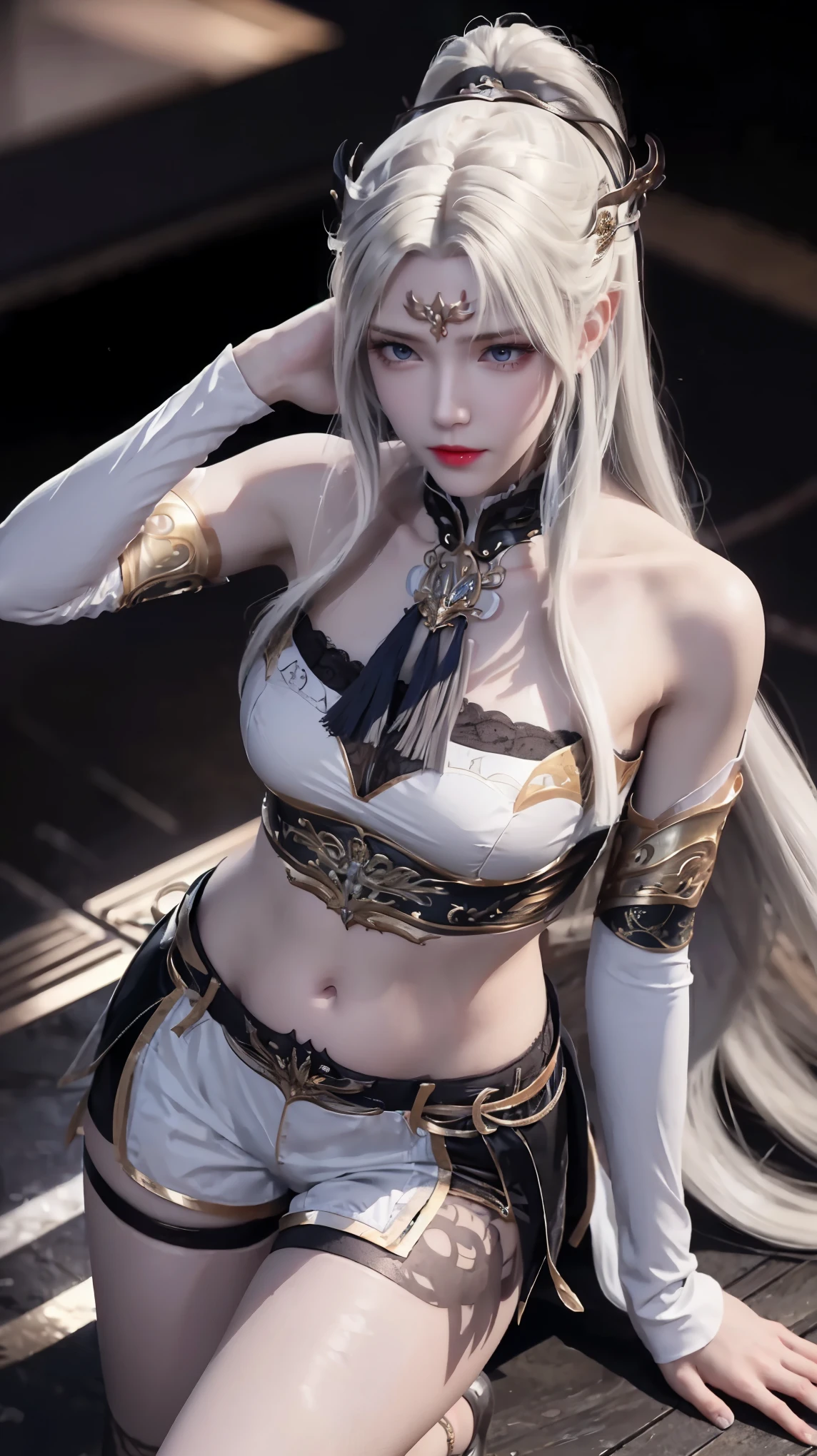 ((best quality, 8k, masterpiece:1.3)), important: 1.2, Perfect body beauty: 1.4, Hips: 1.2, ((Layered Hairstyle, Chest: 1.2)), (Wet clothes: 1.1), (rain, street:1.3), Tube Top Dress: 1.1, Highly detailed face and skin texture, Squinting, Double eyelids, whiten skin, Long hair, (shut up: 1.3), Smiling white-haired girl, High Ponytail发型, Sports Tops, Oversized bust, Succubus, (((Succubus tattoo on lower abdomen))), Transparent Super Skinny Low Rise Bow Pants, (((ultra-low waist))), Full body image, Sexy girl, Sexy, Happy laughter, Shy, (((Showing belly))), Express, There is a heart in the eyes, (Detailed drawing of eyes), Sexy Long legs, Thin waist, Sweat is running down my waist, (Showing belly), ((Succubus tattoo extreme detail portrayal))), , Front squat, Dark lock method, Asymmetrical bangs, Transparent clothes, Hands on thighs, Look away, 8k resolution, Missed ionary, Raise an eyebrow, Shiny hair, Flower head, Wristband, White hair bandage、Close-up of 错过 wearing white mask, Beautiful character painting, guweiz, Gurwitz-style artwork, White-haired god, author：Yang Jie, Epic and beautiful character art, Stunning character art, author：Fan Qi, by Wuzhun Shifan, pixiv art station street guweiz, Single ponytail, ??????, High Ponytail, Tall and big, Long legs, (Sleeveless lace shirt), (shorts), (Striped )), ((Striped )), Walk,