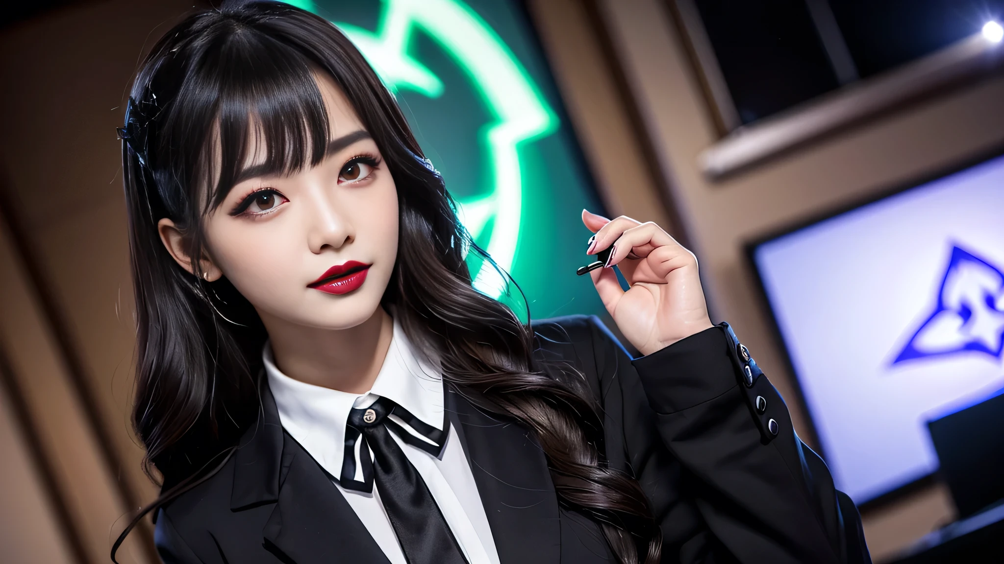 best quality、ultra-detailed、4k、Japanese、Seductive beauty、seductive adult woman、Pretty Woman、cool girl、Villainess、Brainwashed、brainwash、Fallen into evil、smirk、Evil look、Wicked Smile、evil、Brown hair、wavy hair、swept bangs、dark makeup、dark makeup、piercing eyes、hollow eyes,half-closed eyes、Hollow Eyes、purple Eyeshadow、black lipstick、black lipglos、student、uniform、Black blazer、White Shirt、Black Ribbon、flare skirt、night、inside school、Have lipstick、Emblem of Evil、Crest of Darkness、Swear allegiance、I have pledged my allegiance、Dye black、Blackening、Stained with evil、Dyed in darkness、Seduce