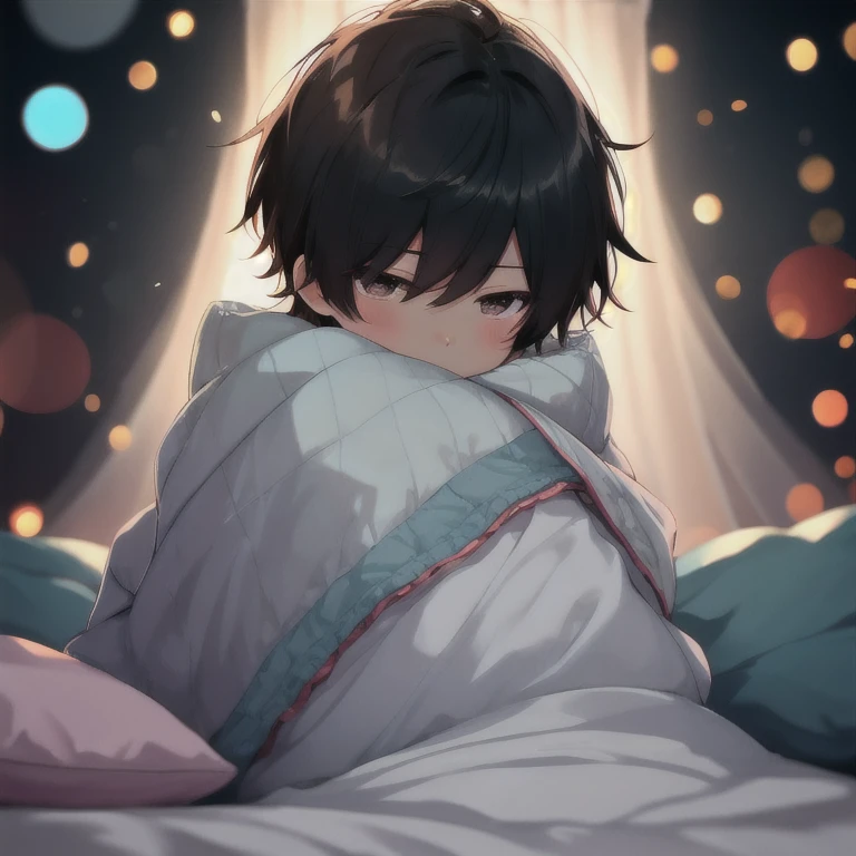 a boy,With a girl，on the bed，Covered with quilt, head, (say.1),  night在房间, Bokeh, Depth of Field, , Light Particles, night, 