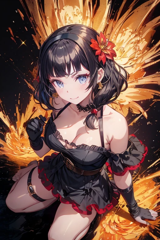 Anime style beutiful woman, 1girl,fullbody, happy, (with sparkling eyes and a contagious smile:1.2), red face, closed mouth, beautiful detailed eyes, super detailed skin, backlighting, bare shoulders, black background, black dress, black gloves, black hair, breasts, dress, earrings, fingerless gloves, floating hair, floral print, flower, gloves, gold earrings, gold hairband, hair flower, hair ornament, hairband, holding, holding weapon, jewelry, large breasts, long hair, looking at viewer, off-shoulder dress, off shoulder,red eyes, short hair with long locks, sidelocks, solo, spikes, thighs, two-sided dress, two-sided fabric, weapon, fighting stance , face, close up, from above, highest quality, high resolution,Real World, Natural light,perfect Natural light,looking at viewer,