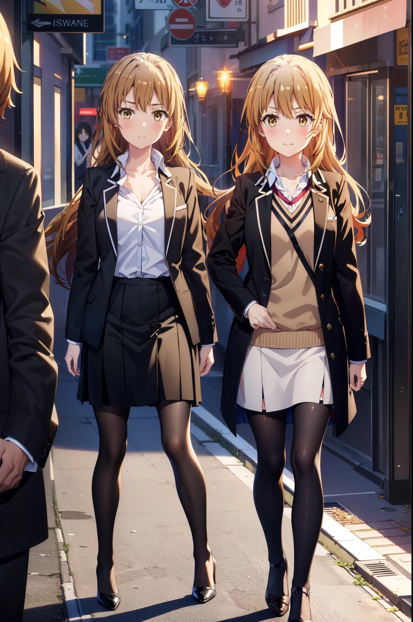 irohaisshiki, Iroha Isshiki, Long Hair, Brown Hair, (Brown eyes:1.5),  ,Hair between the eyes, smile,blush,happy smile, smile, Open your mouth,OL, Akagi glasses, Black suit jacket, Collared jacket, White dress shirt, Collared shirt, Neckline, button, Black pencil skirt, Black pantyhose,Stiletto heels,morning,morning陽,The sun is rising,Walking,
break outdoors, In town,Building district,crowd, people々々,
break looking at viewer, whole body, 
break (masterpiece:1.2), highest quality, High resolution, unity 8k wallpaper, (shape:0.8), (Beautiful details:1.6), Highly detailed face, Perfect lighting, Extremely detailed CG, (Perfect hands, Perfect Anatomy),