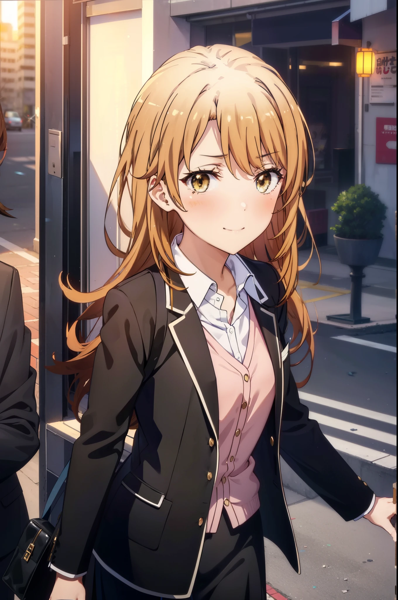 irohaisshiki, Iroha Isshiki, Long Hair, Brown Hair, (Brown eyes:1.5),  ,Hair between the eyes, smile,blush,happy smile, smile, Open your mouth,OL, Akagi glasses, Black suit jacket, Collared jacket, White dress shirt, Collared shirt, Neckline, button, Black pencil skirt, Black pantyhose,Stiletto heels,morning,morning陽,The sun is rising,Walking,
break outdoors, In town,Building district,crowd, people々々,
break looking at viewer, whole body, 
break (masterpiece:1.2), highest quality, High resolution, unity 8k wallpaper, (shape:0.8), (Beautiful details:1.6), Highly detailed face, Perfect lighting, Extremely detailed CG, (Perfect hands, Perfect Anatomy),