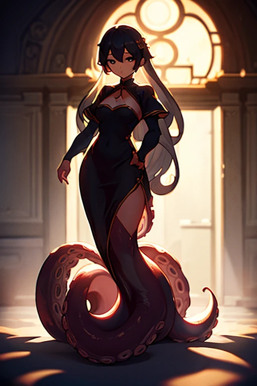 1girl,20 years old,solo,long hair,pink hair,(black long dress),open mouth,partially submerged, standing,((squidlegs,octopus girl)),(tentacles:1.33), (inside, in a gym)