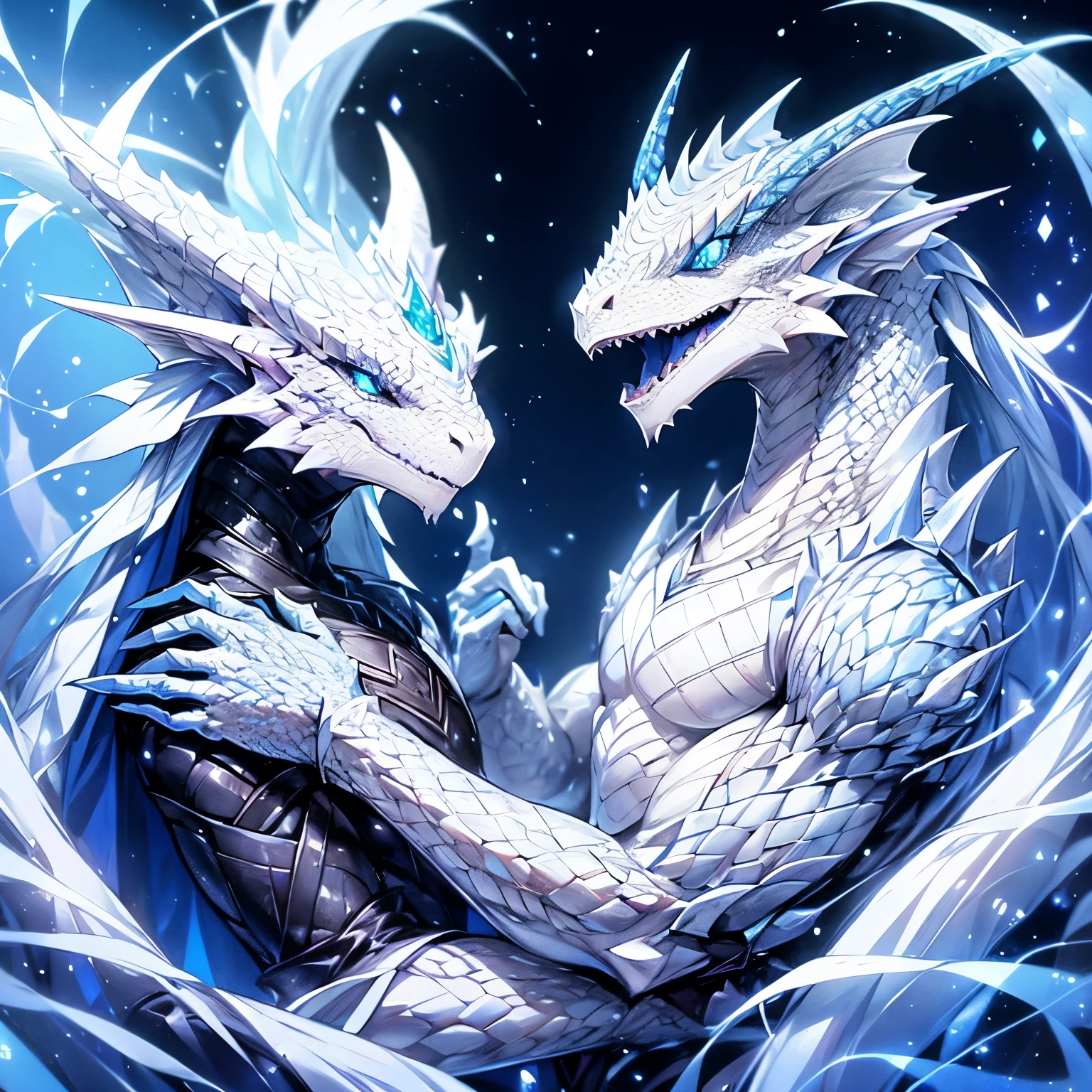 A white, iridescent dragonborn with piercing blue eyes. Wearing Black rouge attire