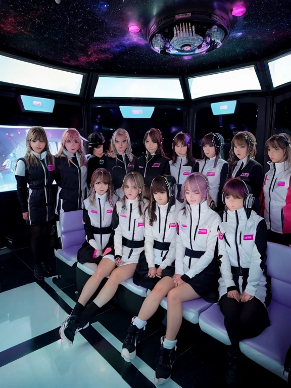 （Seven girls and one boy），（7 girls in a row）,（Brunette color hair, Black-eyed ，Blonde ，White haired red eyed ，Purple hair and heterochromatic pupils ，Pink Hair, Green Eyes, change）,(astrovest):3,headphones,Smart,futuristic space Classroom Background,BREAK inside spaceship room