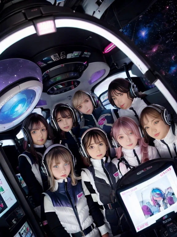 （Seven girls and one boy），（7 girls in a row）,（Brunette color hair, Black-eyed ，Blonde ，White haired red eyed ，Purple hair and heterochromatic pupils ，Pink Hair, Green Eyes, change）,(astrovest):3,headphones,Smart,futuristic space Classroom Background,BREAK inside spaceship room