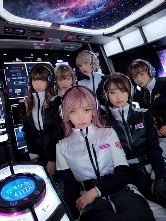 （Seven girls and one boy），（7 girls in a row）,（Brunette color hair, Black-eyed ，Blonde ，White haired red eyed ，Purple hair and heterochromatic pupils ，Pink Hair, Green Eyes, change）,(astrovest):3,headphones,Smart,futuristic space Classroom Background,BREAK inside spaceship room